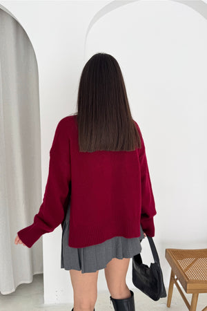 Yanı Yırtmaçlı Düğmeli Oversize Triko Hırka Standart Beden - Bordo