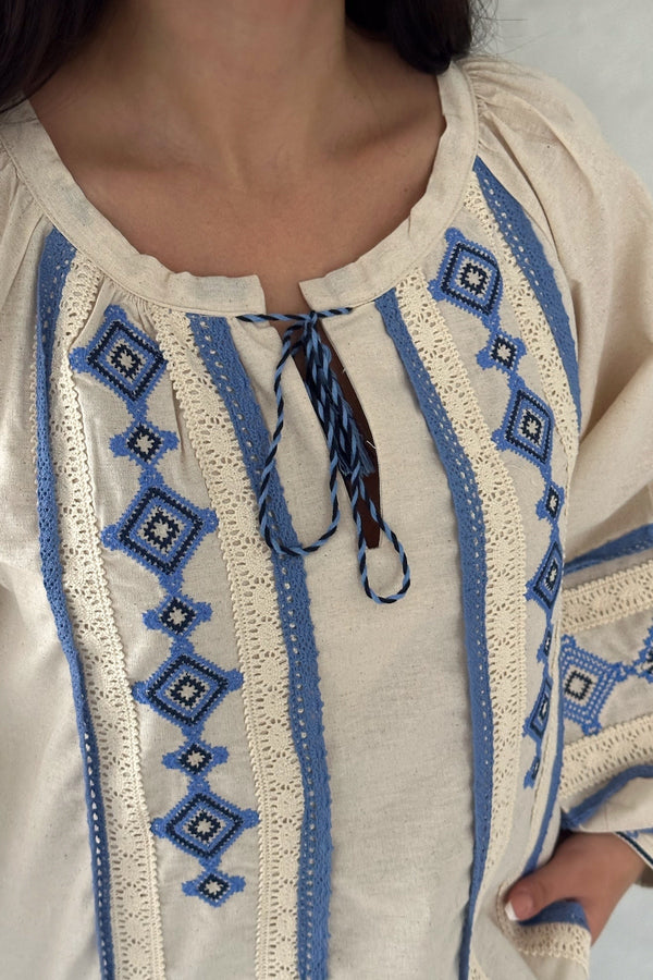Kadın Püsküllü Nakışlı İşlemeli Pamuklu Bluz - Mavi