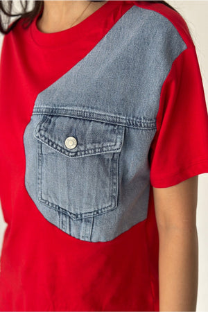 Kadın Denim Kot Detaylı Cepli Tasarım Pamuklu Tişört - Kırmızı