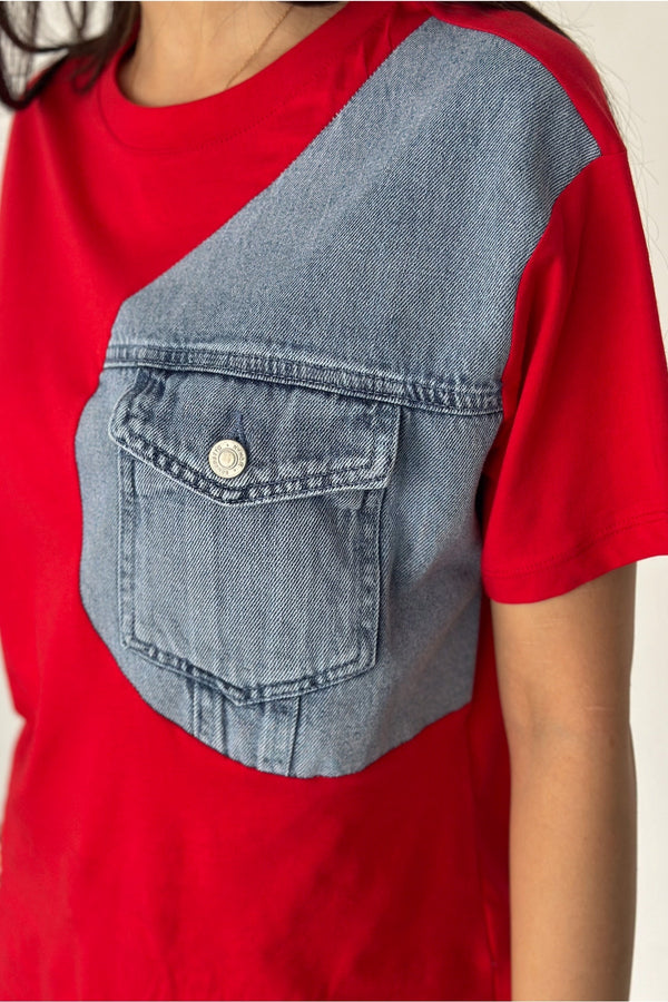 Kadın Denim Kot Detaylı Cepli Tasarım Pamuklu Tişört - Kırmızı