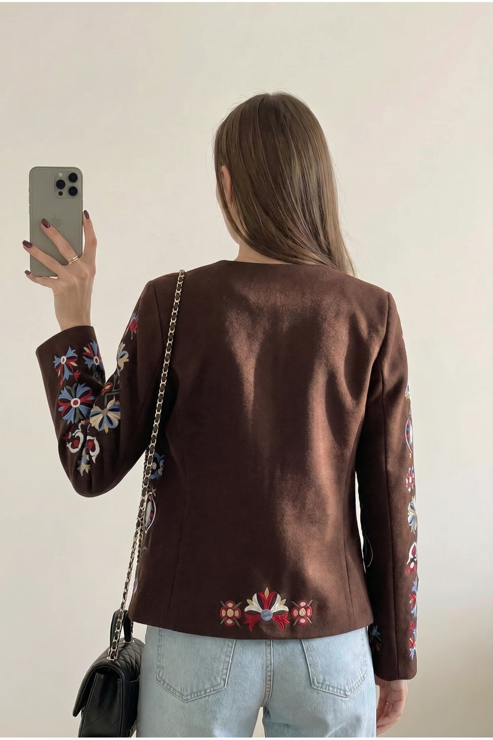 Kadın Çiçek Nakış İşlemeli Etnik Ceket - Kahverengi
