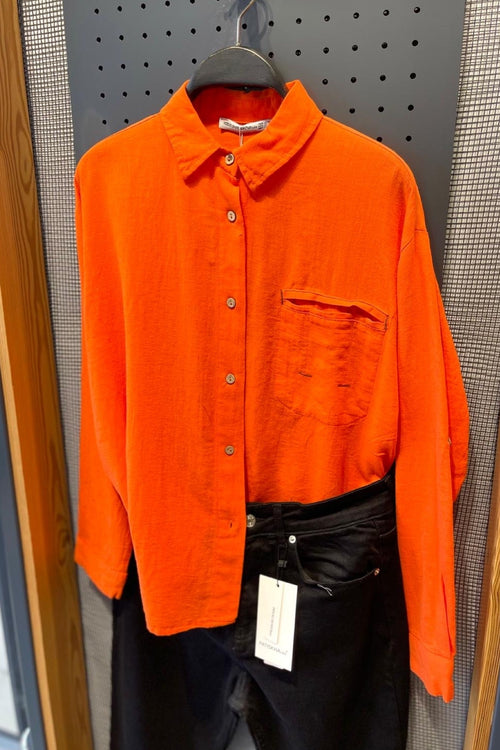 Oversize Pamuk Keten Gömlek Tek Cepli Basic - Oranj