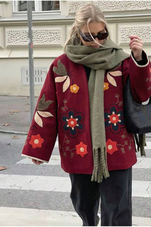 Nakış İşlemeli Vintage Kaşe Ceket - Bordo