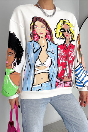 Kadın 3 İplik Şardonlu Baskılı Oversize Pamuk Sweatshirt - Beyaz