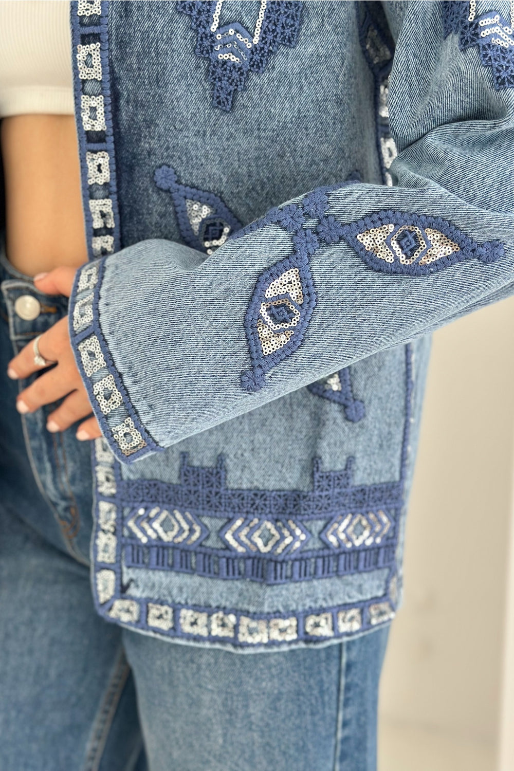 Etnik Desenli Pul Payet Nakışlı Denim Kot Ceket Vintage Bohem Tarz - Mavi