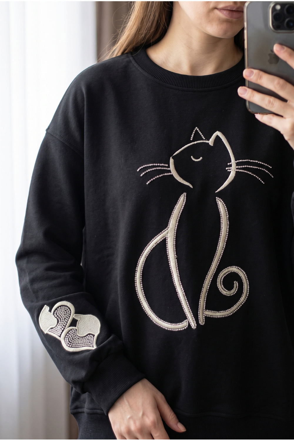 Kedi Nakışlı Boncuk İşlemeli %100 Pamuk Sweatshirt - Siyah