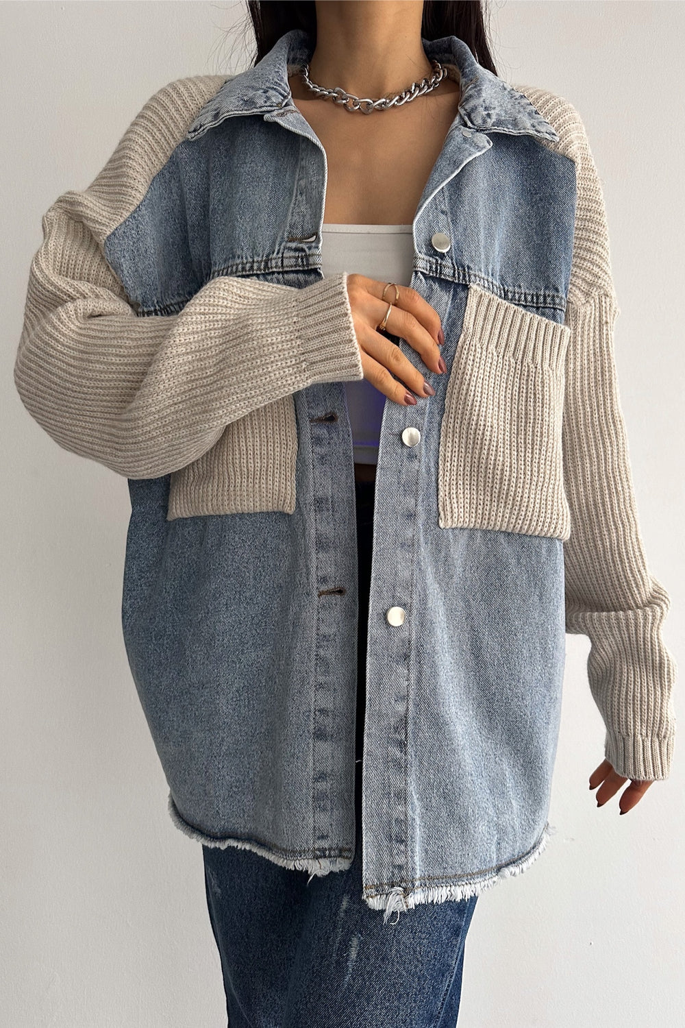 Kadın Kolları Ve Cebi Trikolu Oversize Denim Kot Garnili Hırka - Bej