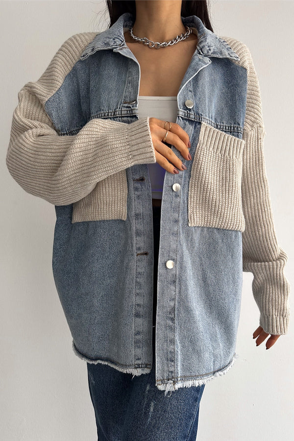 Kadın Kolları Ve Cebi Trikolu Oversize Denim Kot Garnili Hırka - Bej