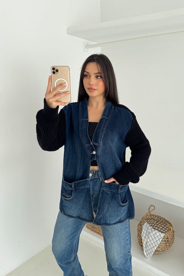 Kolları Ve Sırtı Triko Kot Denim Oversize Hırka Cepli Standart Beden - Siyah