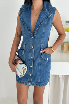 Kadın Fırfırlı Yaka Düğmeli Kot Mini Elbise - Cepli Kolsuz Denim Elbise - Mavi