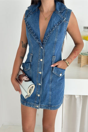 Kadın Fırfırlı Yaka Düğmeli Kot Mini Elbise - Cepli Kolsuz Denim Elbise - Mavi