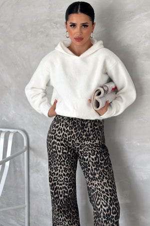 Kadın Standart Beden Kapüşonlu Peluş Triko Sweatshirt - Beyaz