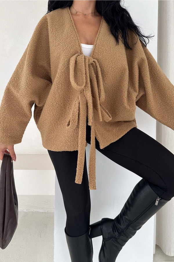 Bürümcük Bağlamalı Oversize Hırka Yarasa Kol Standart Beden - Camel
