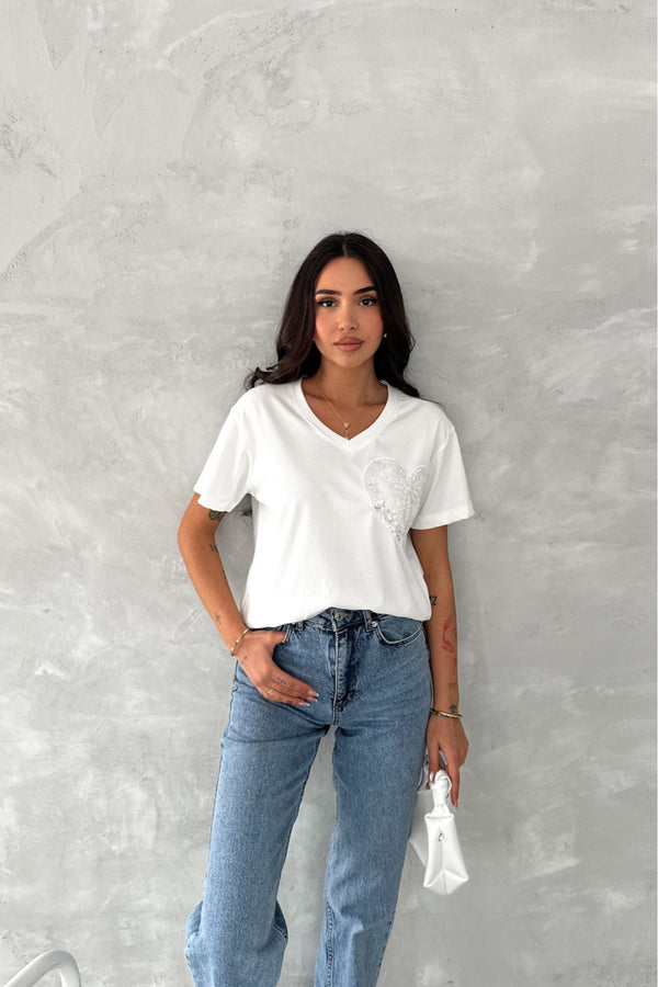 Kadın V Yaka Boncuk Ve Pul İşlemeli Kurdela Desen %100 Pamuk T-shirt - Beyaz