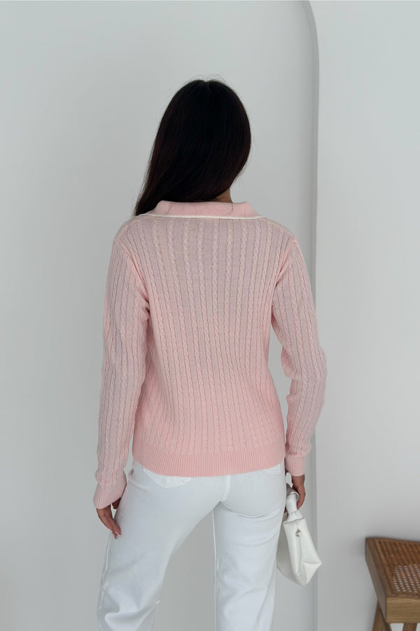 Kadın Polo Yaka Standart Beden Triko Bluz - Pembe