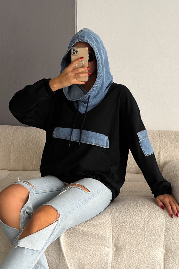 Kot Garnili Kapüşonlu Tasarım Sweatshirt - Siyah