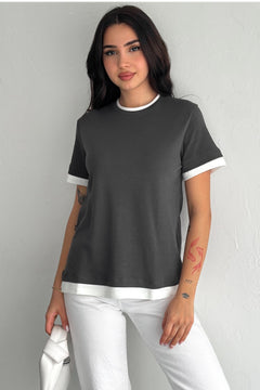 Kadın Antrasit Yuvarlak Yaka Şerit Detaylı %100 Pamuk T-shirt - Gri