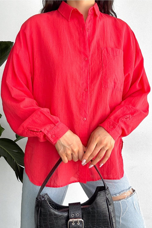 Kadın Düşük Omuz Tek Cep Basic Oversize Geniş Kalıp Gömlek - Nar Çiçeği