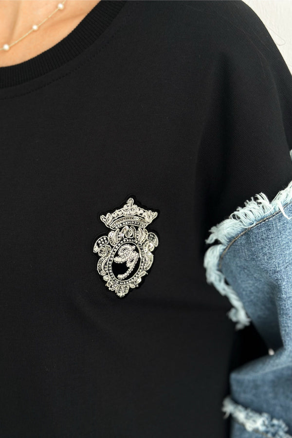 Kadın Kolları Kot Taş Aksesuar Detaylı Geniş Kalıp Elbise - Lacivert