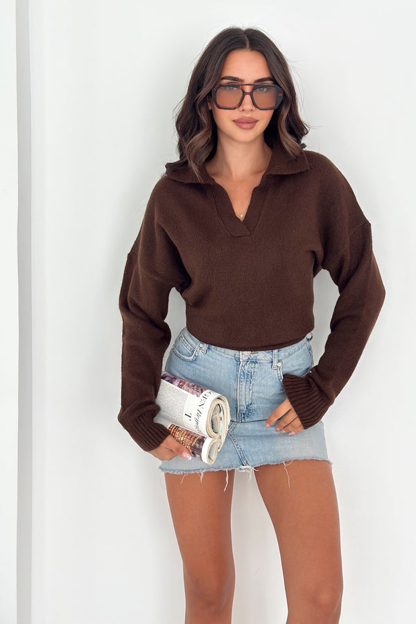 Kadın Polo Yaka Oversize Triko Kazak - Standart Beden Yumuşak Dokulu - Kahverengi