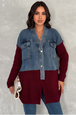 Kadın Triko Detaylı Tasarım Oversize Kot Ceket - Bordo