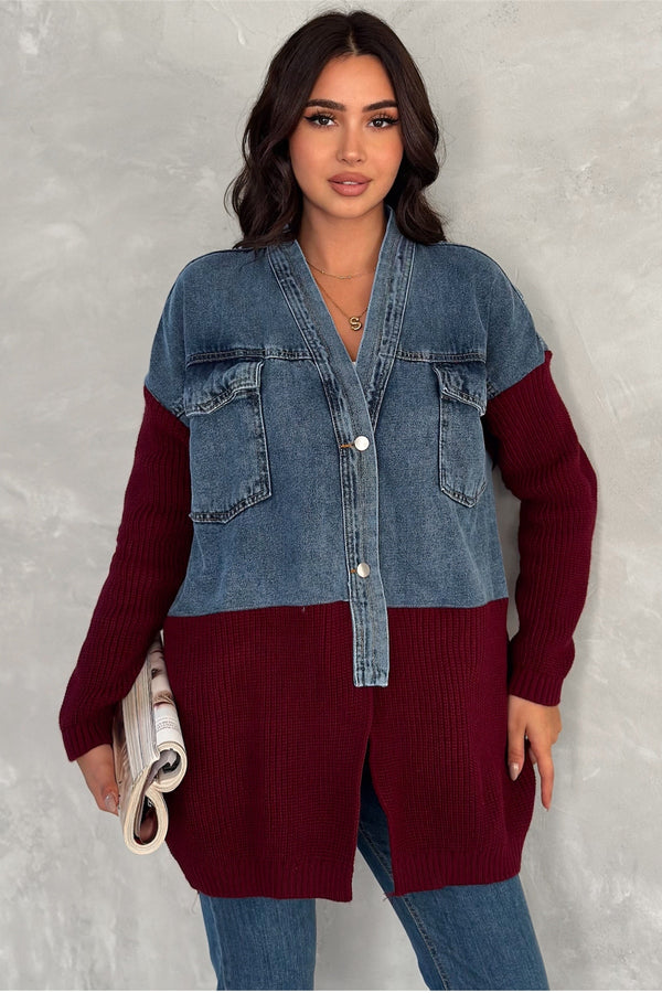 Kadın Triko Detaylı Tasarım Oversize Kot Ceket - Bordo