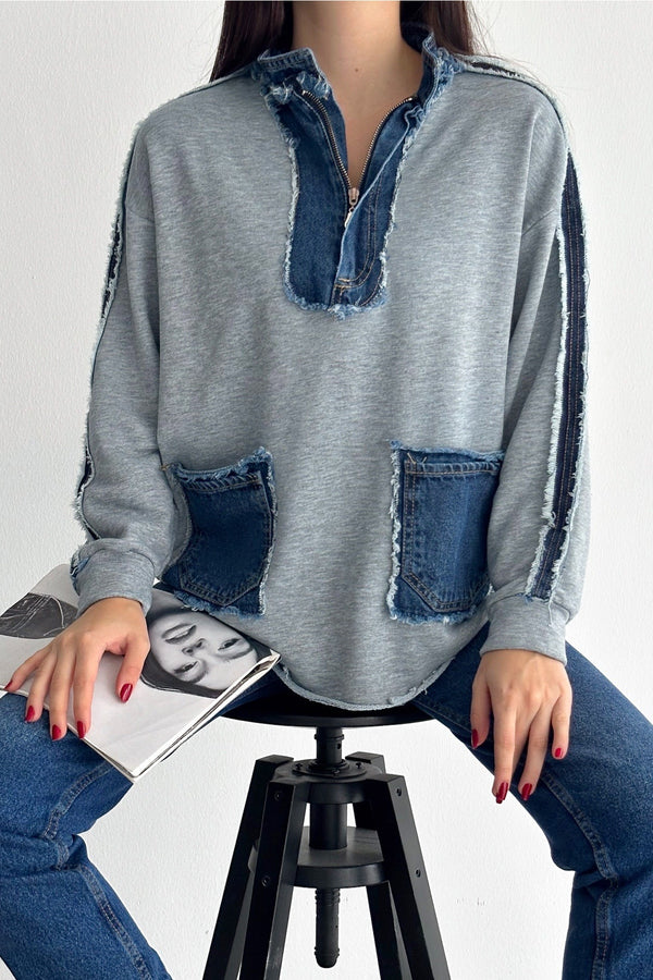 Kadın Fermuarlı Cepli Kot Denim Detaylı Sweatshirt - Gri