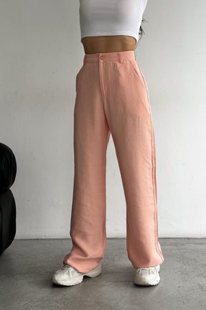 Kadın Pudra Yeni Sezon Modal Kumaş Bol Paça Yüksek Bel Pantolon - Pembe