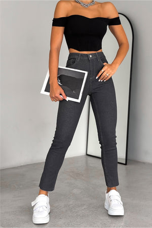Yüksek Bel Paçası Kesik İçi Şardonlu Slim Fit Mom Jean - Gri