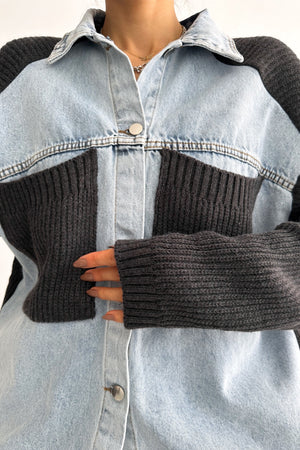 Kadın Kolları Ve Cebi Trikolu Oversize Denim Kot Garnili Hırka - Antrasit