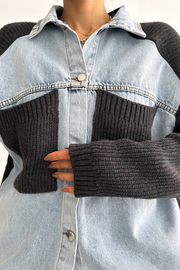 Kadın Kolları Ve Cebi Trikolu Oversize Denim Kot Garnili Hırka - Antrasit