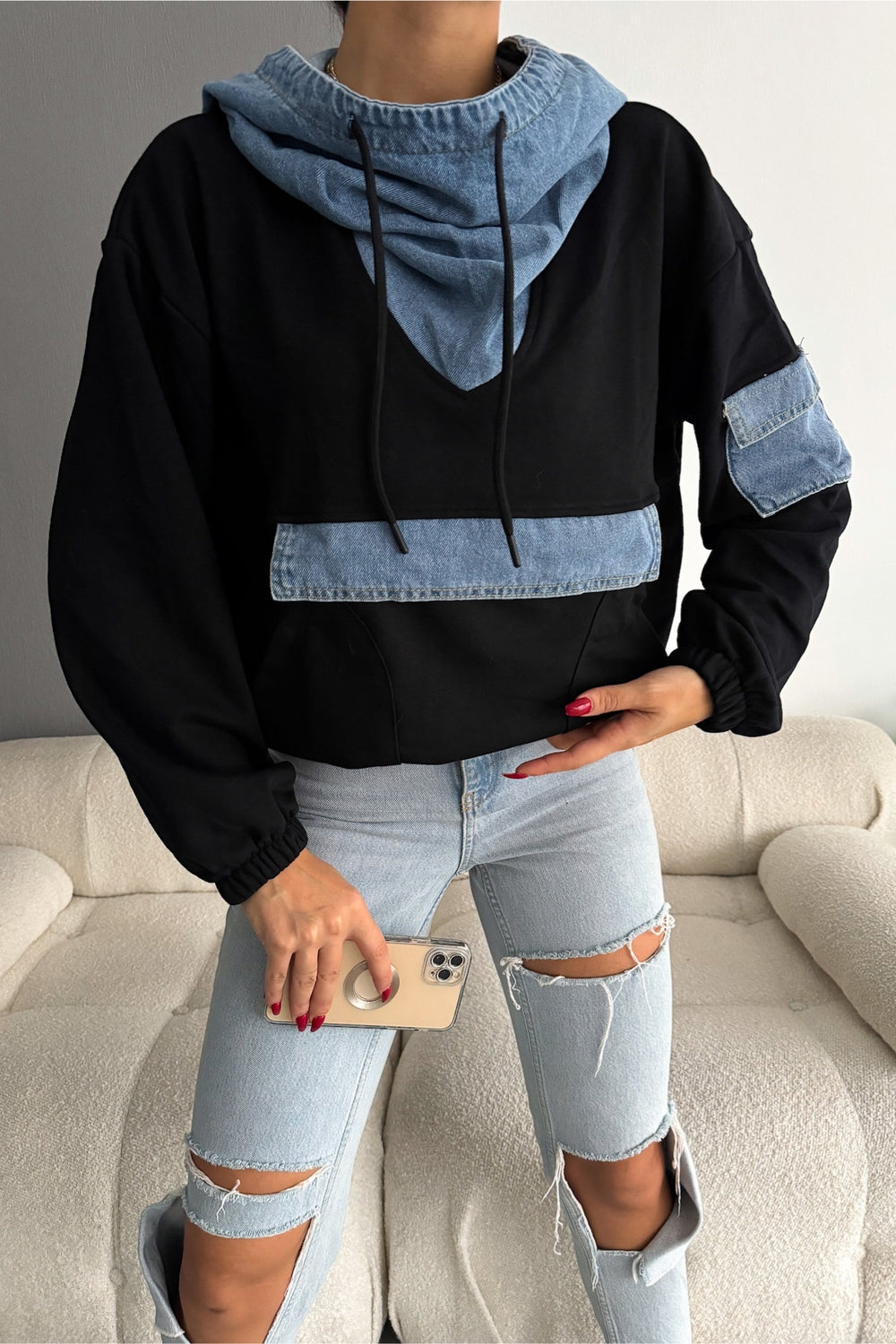 Kot Garnili Kapüşonlu Tasarım Sweatshirt - Siyah