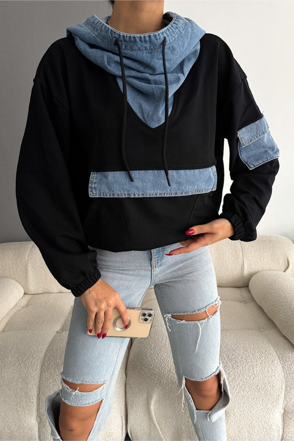 Kot Garnili Kapüşonlu Tasarım Sweatshirt - Siyah