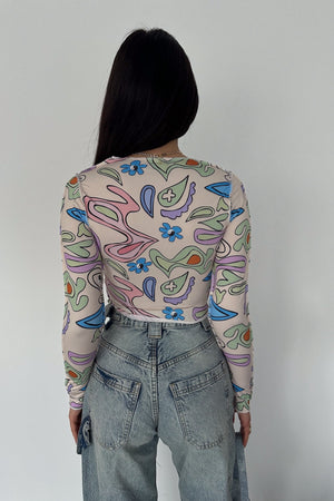Kadın Desenli Crop Bluz - Krem