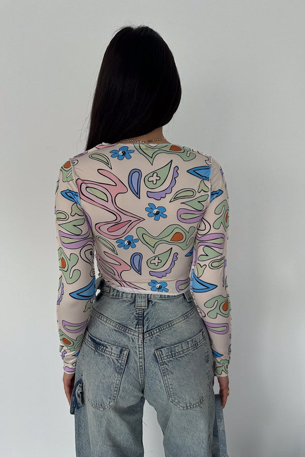 Kadın Desenli Crop Bluz - Krem