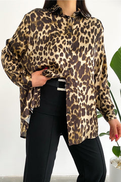 Kadın Yeni Sezon Leopar Desen Salaş Oversize Gömlek - Siyah