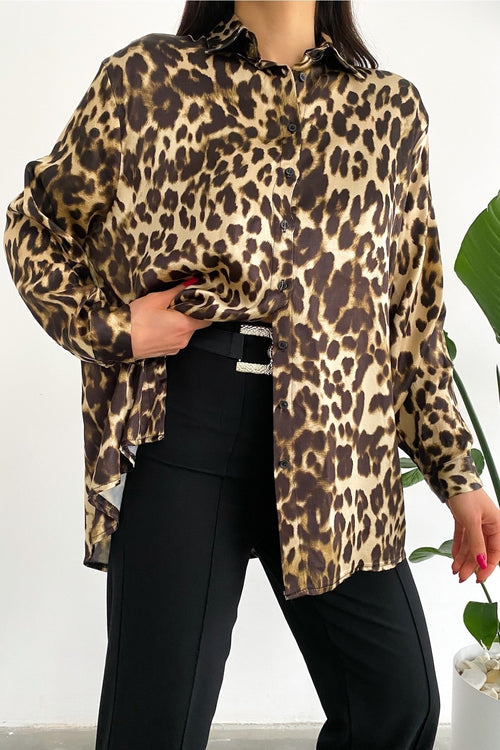 Kadın Yeni Sezon Leopar Desen Salaş Oversize Gömlek - Siyah