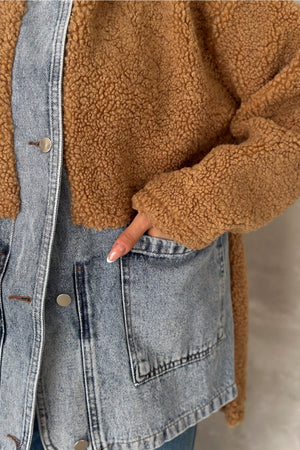 Kadın Çıtçıt Düğme Kot Garnili Kapüşonlu Peluş Ceket - Taba