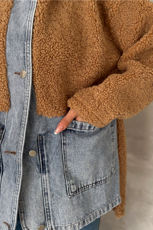 Kadın Çıtçıt Düğme Kot Garnili Kapüşonlu Peluş Ceket - Taba