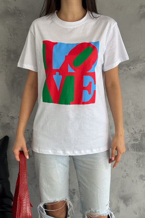 Kadın Love Baskılı Pamuk Tişört - Beyaz