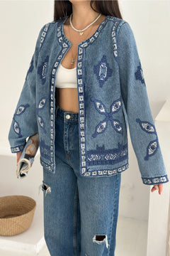 Etnik Desenli Pul Payet Nakışlı Denim Kot Ceket Vintage Bohem Tarz - Mavi