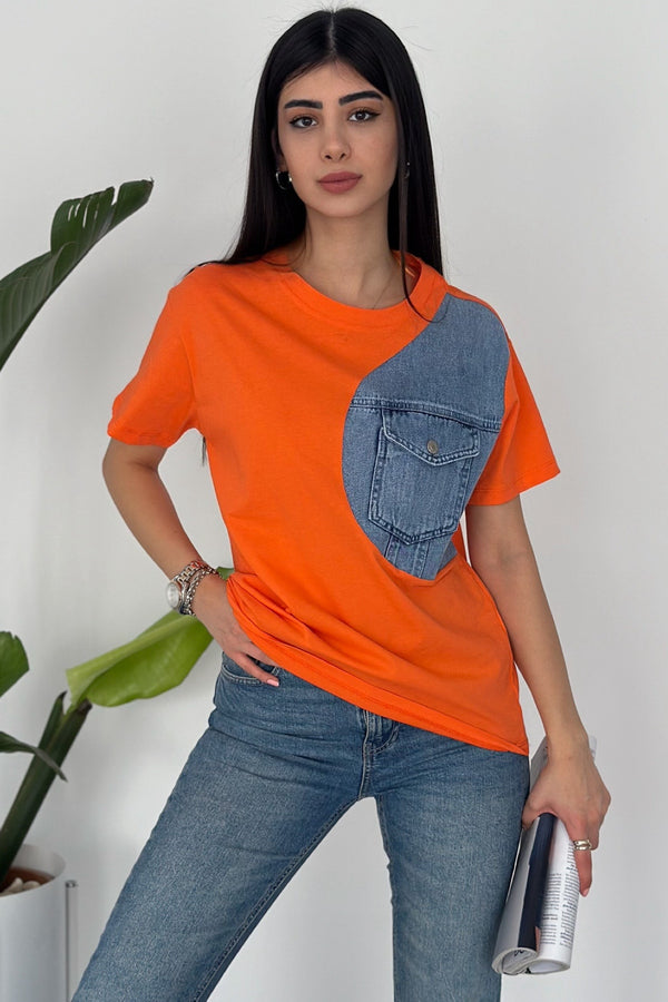 Kadın Denim Kot Detaylı Cepli Tasarım Pamuklu Tişört - Turuncu