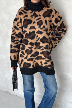 Kadın Desen Standart Beden Oversize Boğazlı Triko Kazak - Leopar
