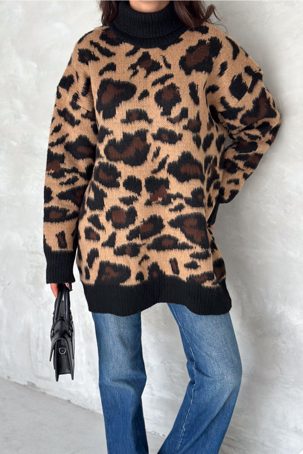 Kadın Desen Standart Beden Oversize Boğazlı Triko Kazak - Leopar