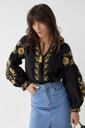 Kadın Püsküllü Nakış İşlemeli Vintage Bluz - Siyah