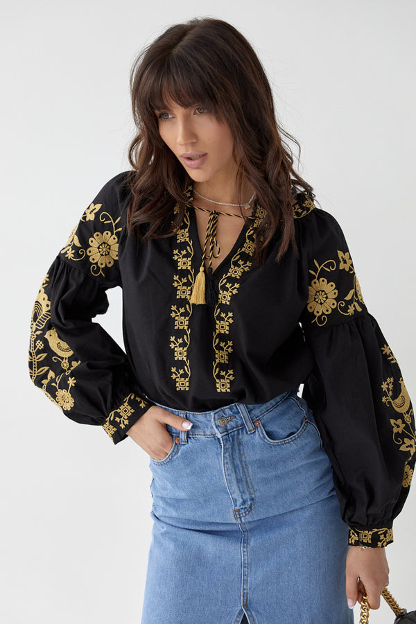 Kadın Püsküllü Nakış İşlemeli Vintage Bluz - Siyah