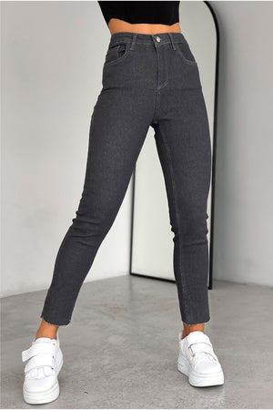 Yüksek Bel Paçası Kesik İçi Şardonlu Slim Fit Mom Jean - Gri