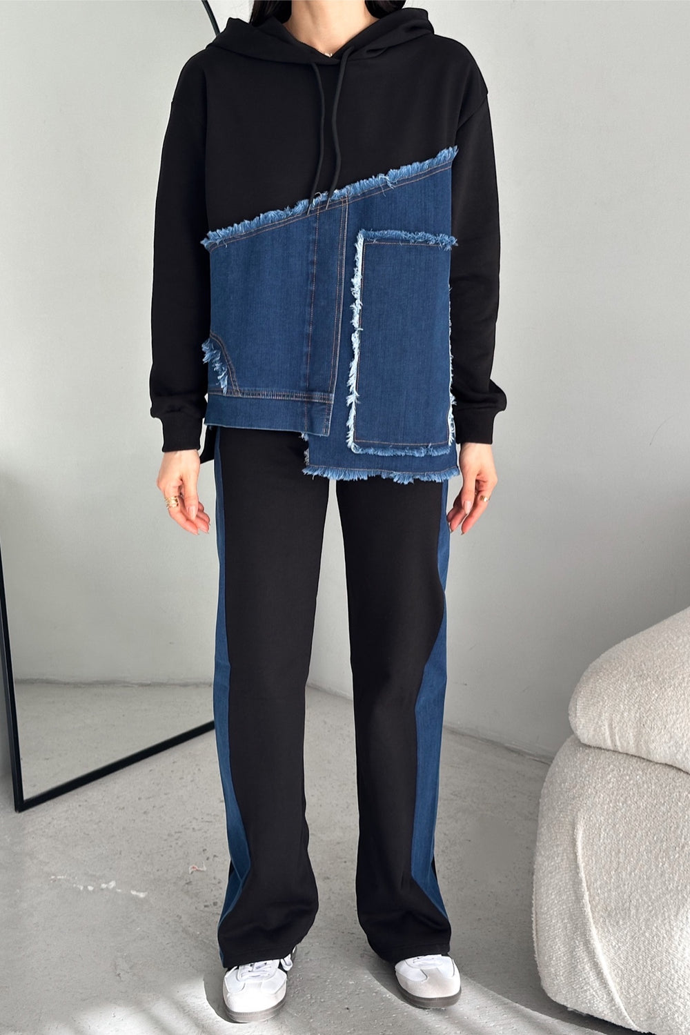 Denim Kot Garnili Kapüşonlu Eşofman Takımı - Siyah