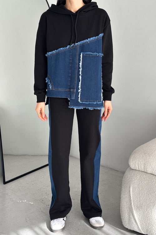 Denim Kot Garnili Kapüşonlu Eşofman Takımı - Siyah