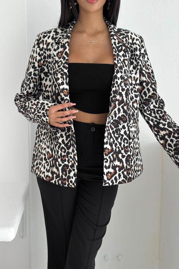 Leopar Desenli Blazer Ceket Vatkalı İçi Astarlı - Gri
